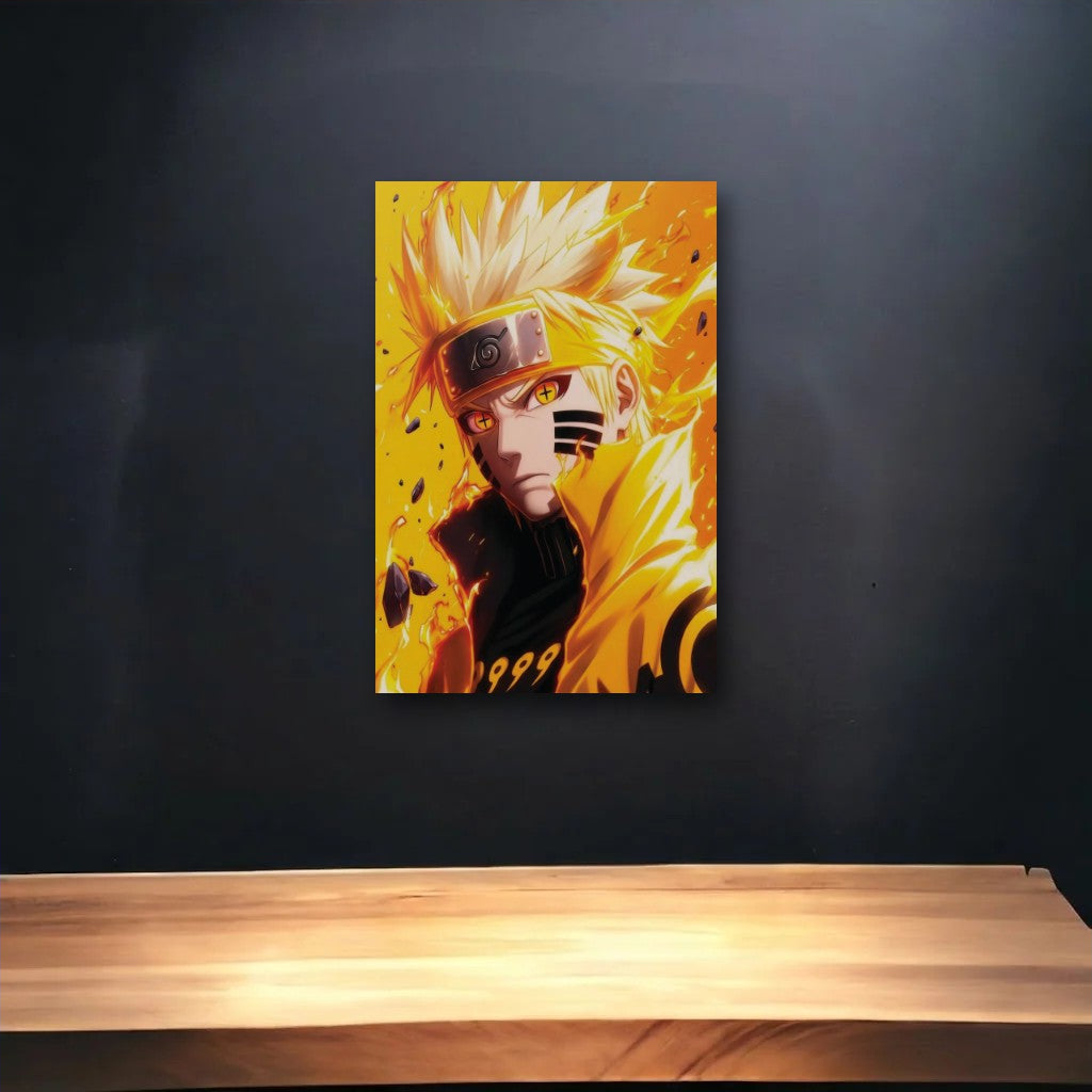 Anime Art glossy acrylic art above a wooden shelf