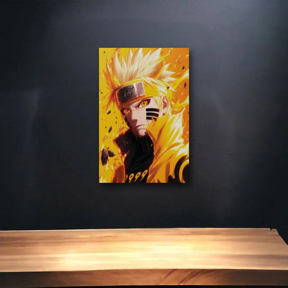 Anime Art glossy acrylic art above a wooden shelf