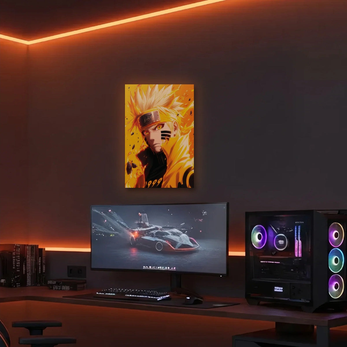 Anime Art acrylic wall art in an orange LED gaming room