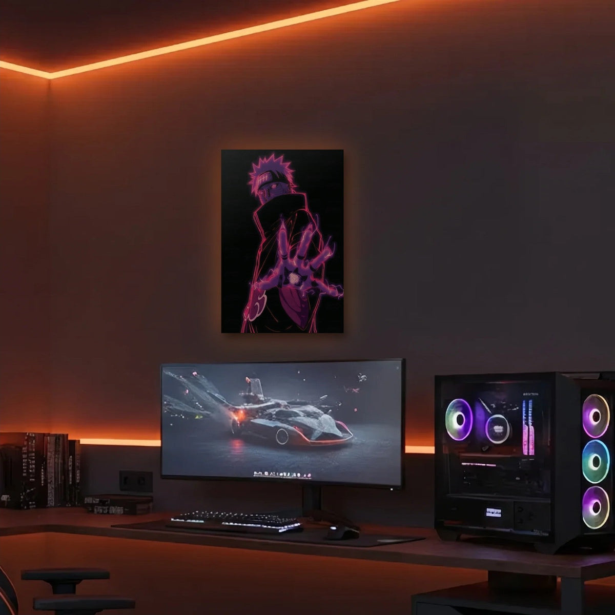 Anime Art acrylic wall art in an orange LED gaming room