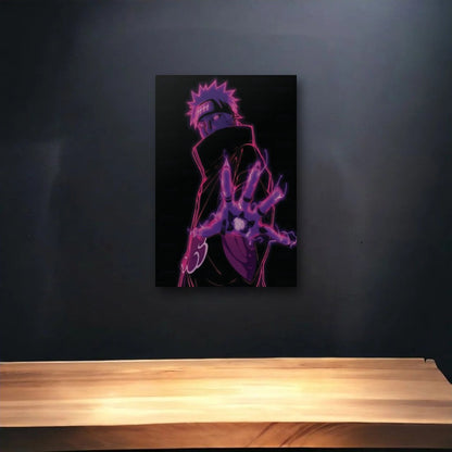 Anime Art glossy acrylic art above a wooden shelf
