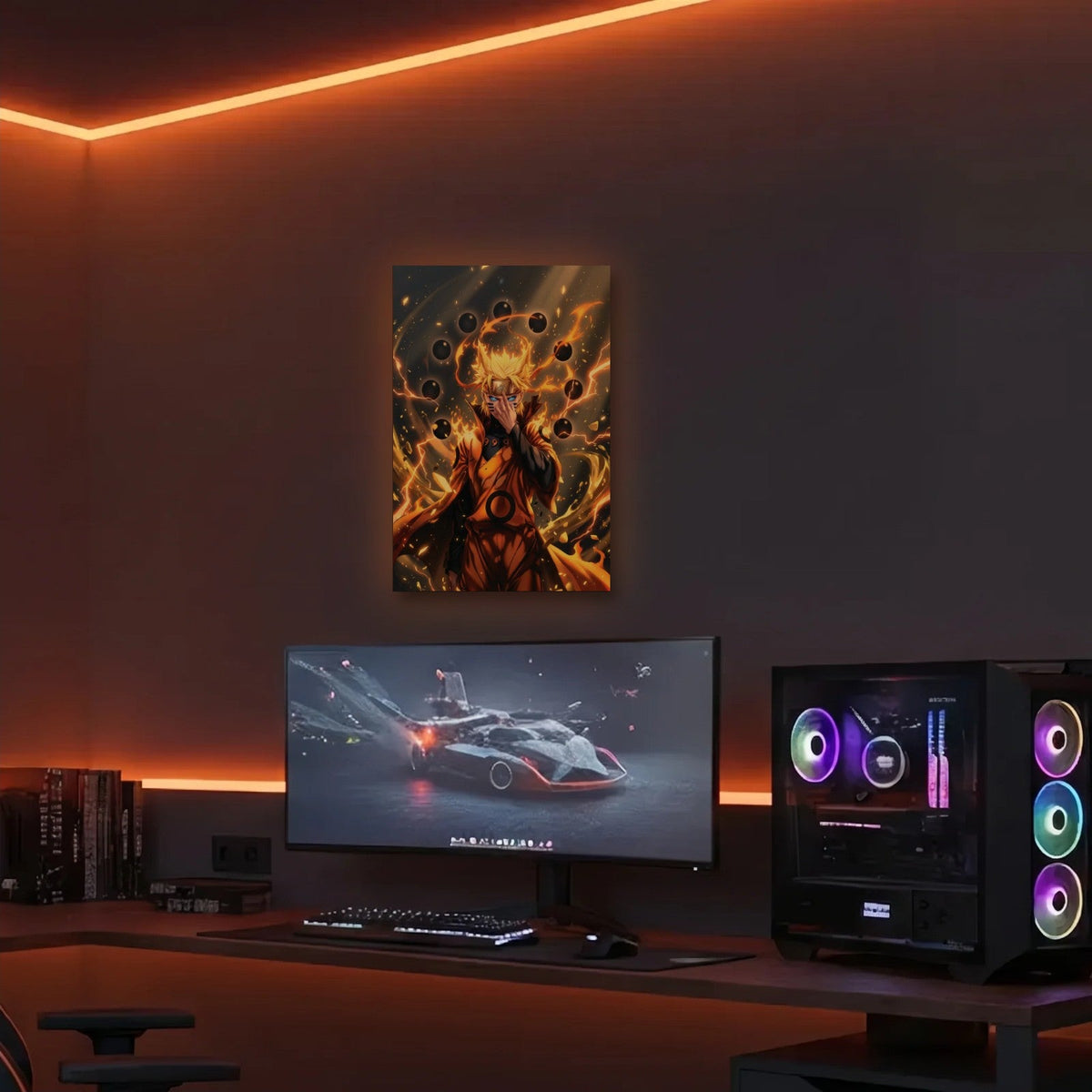 Anime Art acrylic wall art in an orange LED gaming room