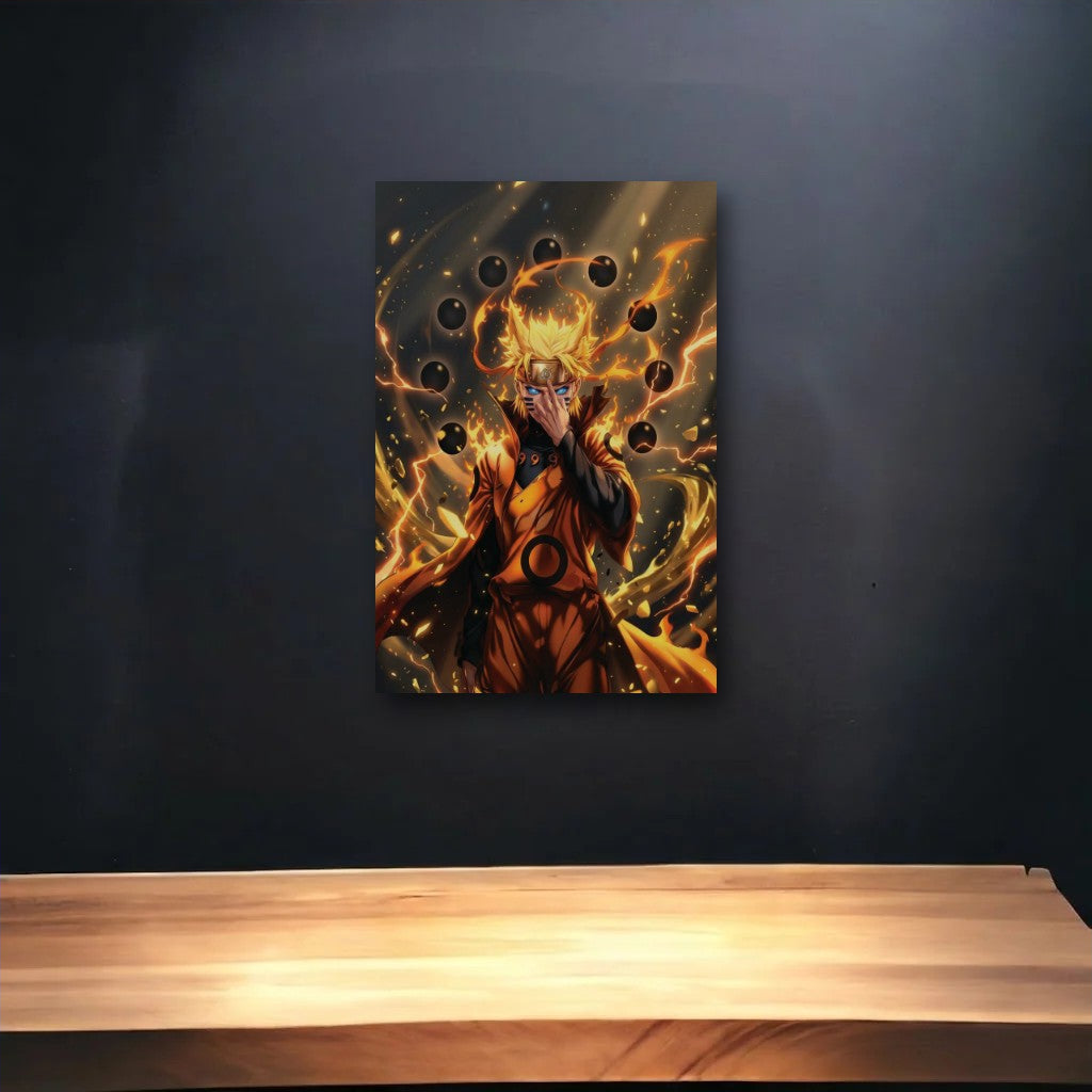 Anime Art glossy acrylic art above a wooden shelf