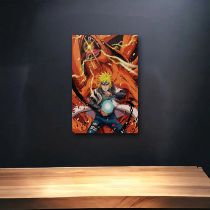 Anime Art glossy acrylic art above a wooden shelf