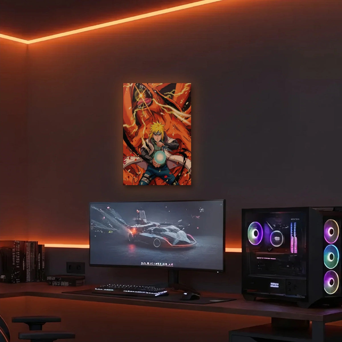 Anime Art acrylic wall art in an orange LED gaming room