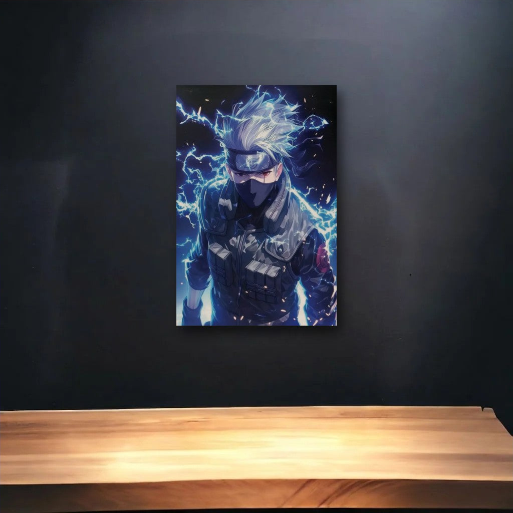 Anime Art glossy acrylic art above a wooden shelf