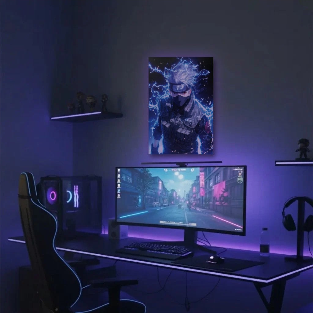 Anime Art acrylic wall art in a purple gaming setup