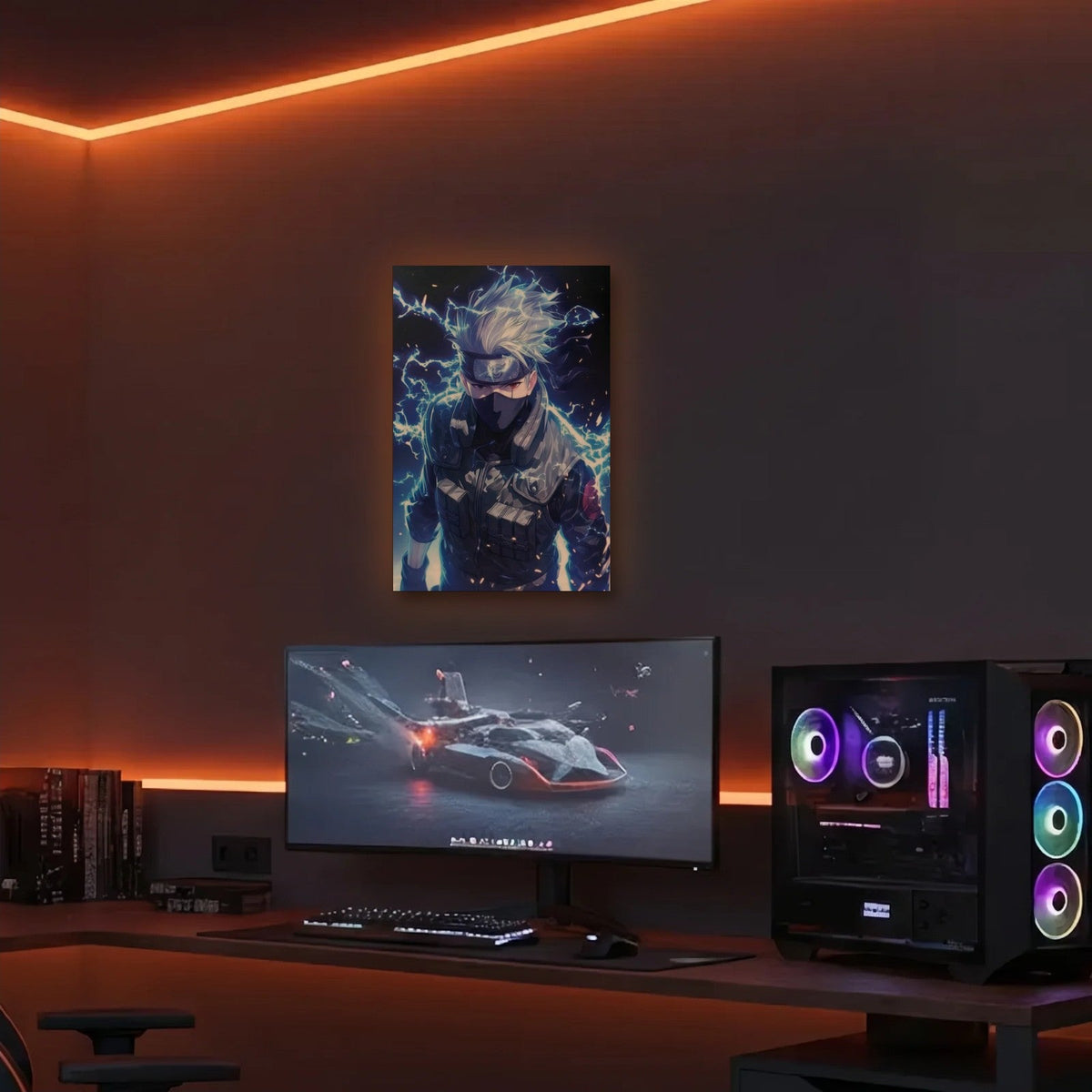 Anime Art acrylic wall art in an orange LED gaming room