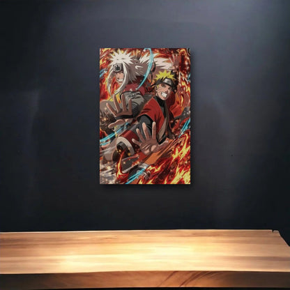 Anime Art glossy acrylic art above a wooden shelf