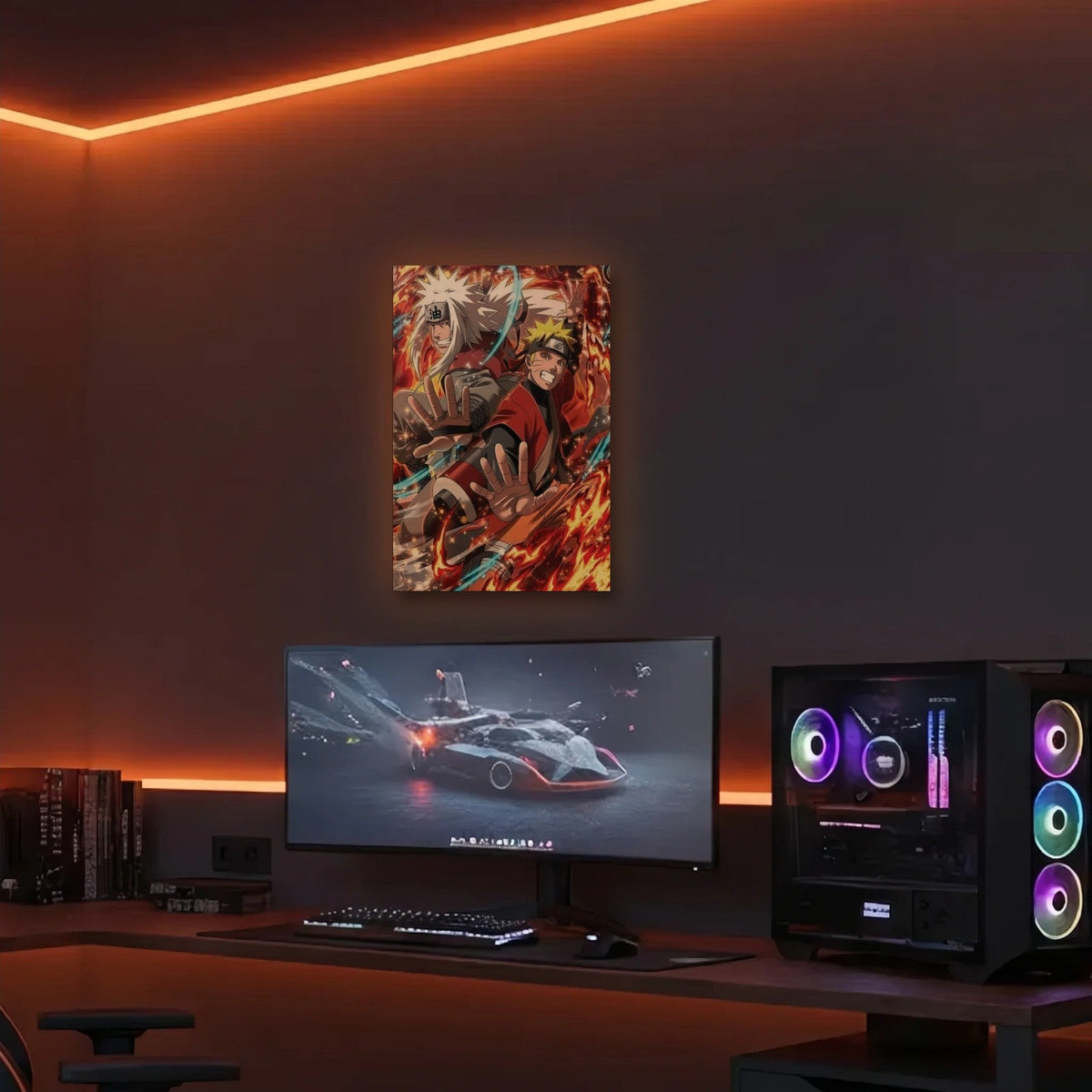 Anime Art acrylic wall art in an orange LED gaming room