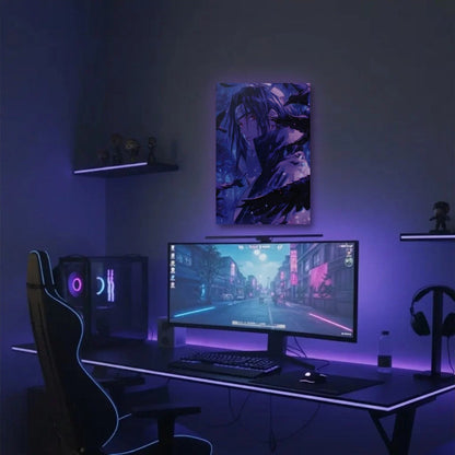 Anime Art acrylic wall art in a purple gaming setup