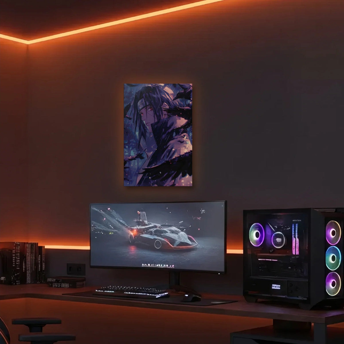 Anime Art acrylic wall art in an orange LED gaming room