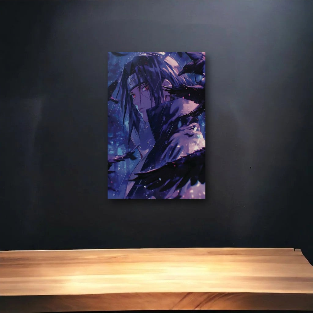 Anime Art glossy acrylic art above a wooden shelf