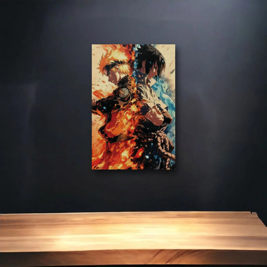 Anime Art glossy acrylic art above a wooden shelf