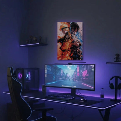 Anime Art acrylic wall art in a purple gaming setup