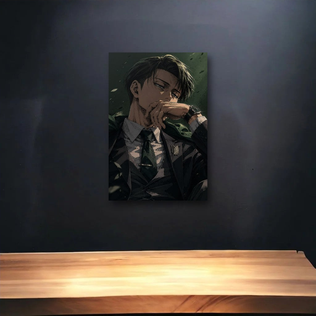 Anime Art glossy acrylic art above a wooden shelf