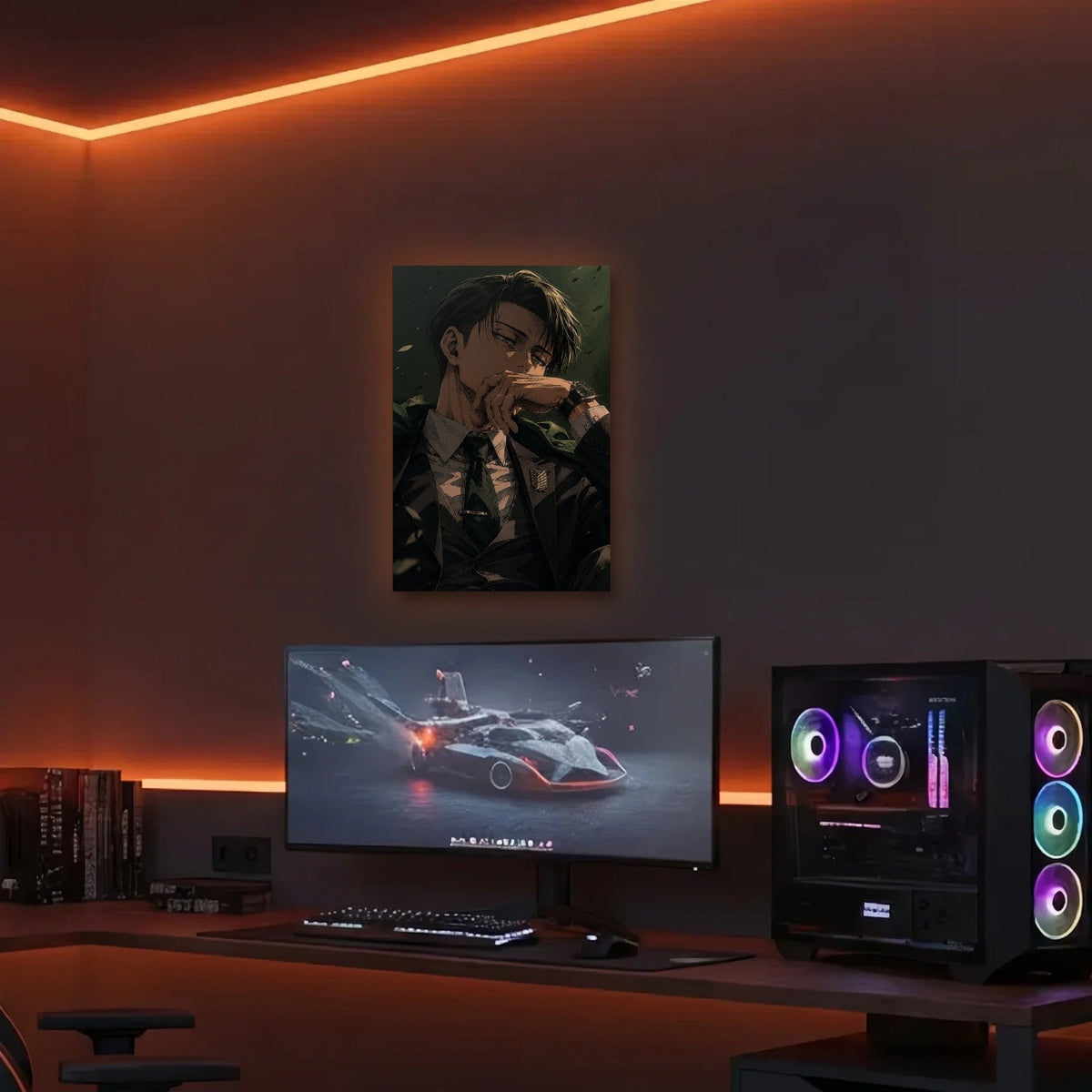 Anime Art acrylic wall art in an orange LED gaming room