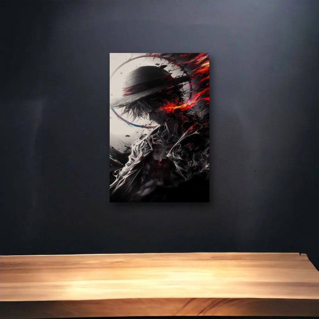 Anime Art glossy acrylic art above a wooden shelf