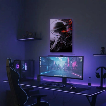Anime Art acrylic wall art in a purple gaming setup