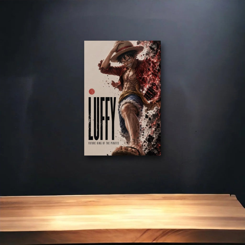 Anime Art glossy acrylic art above a wooden shelf