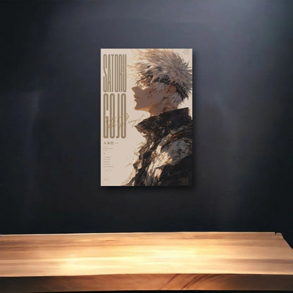 Anime Art glossy acrylic art above a wooden shelf