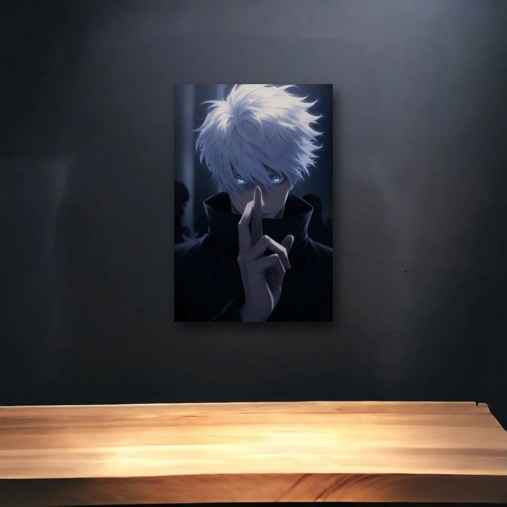 Anime Art glossy acrylic art above a wooden shelf