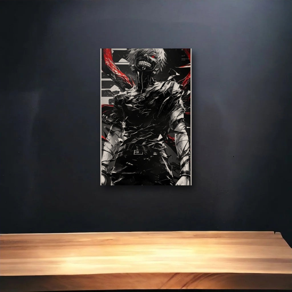 Anime Art glossy acrylic art above a wooden shelf