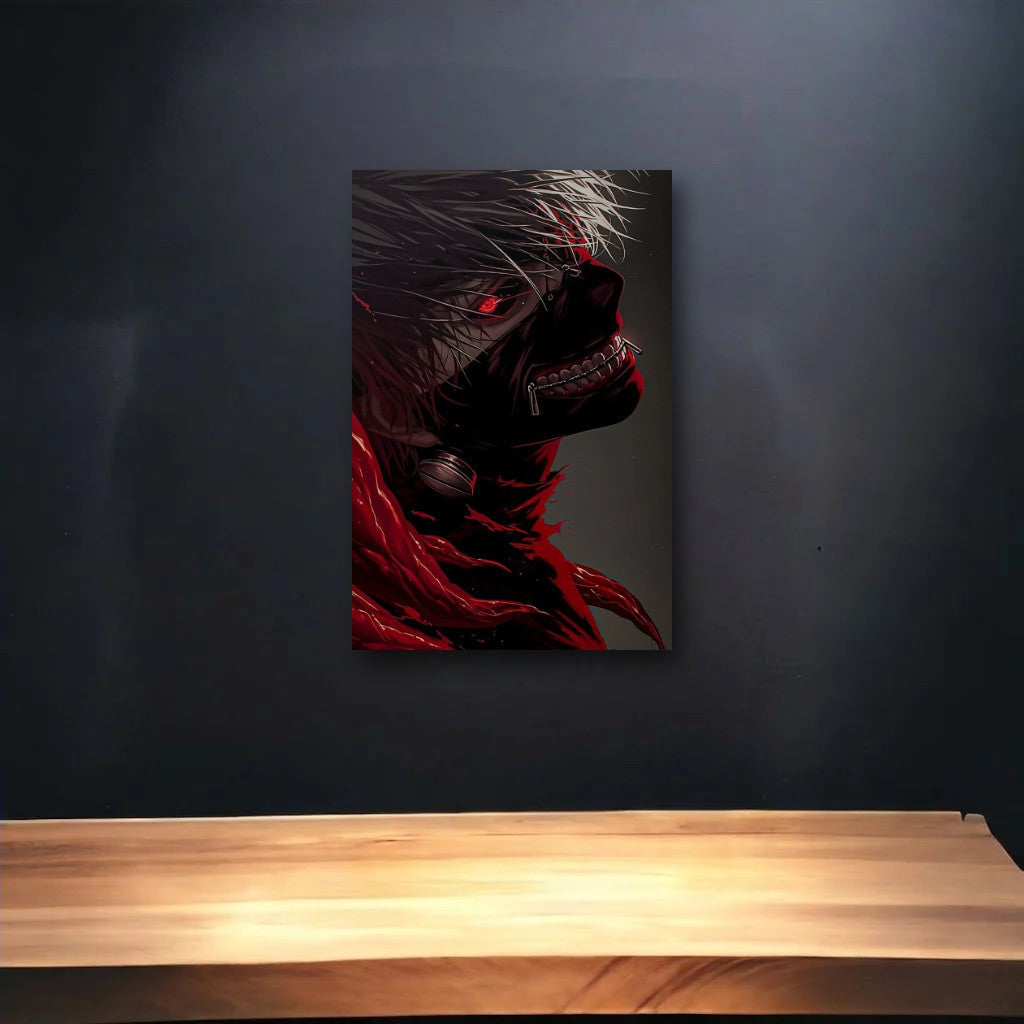 Anime Art glossy acrylic art above a wooden shelf